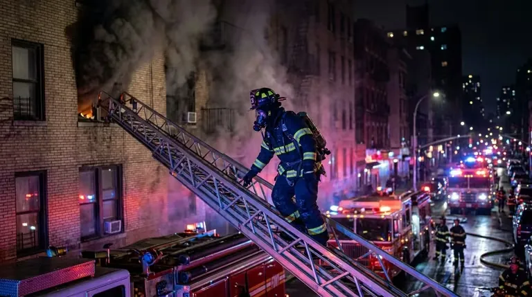 Operación de rescate en altura de bomberos con equipo contra incendios profesional