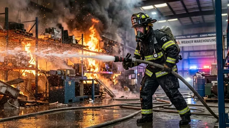 Bombero combatiendo un incendio estructural con equipo de protección certificado