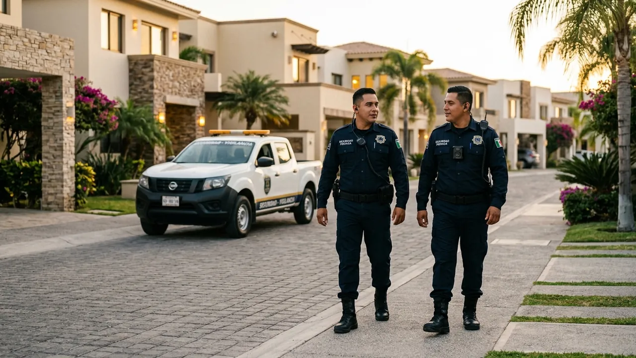 Oficiales de seguridad privada en patrullaje a pie por calles de un residencial privado en CDMX